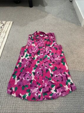 J Crew Sleeveless Button-Up Floral Blouse in Fuchsia, Purple & Green